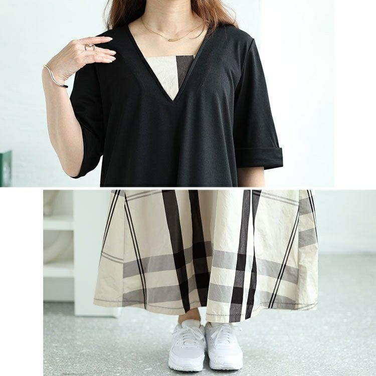 大きいサイズ レディース フェイクレイヤードタータンチェックワンピース　maru-30031