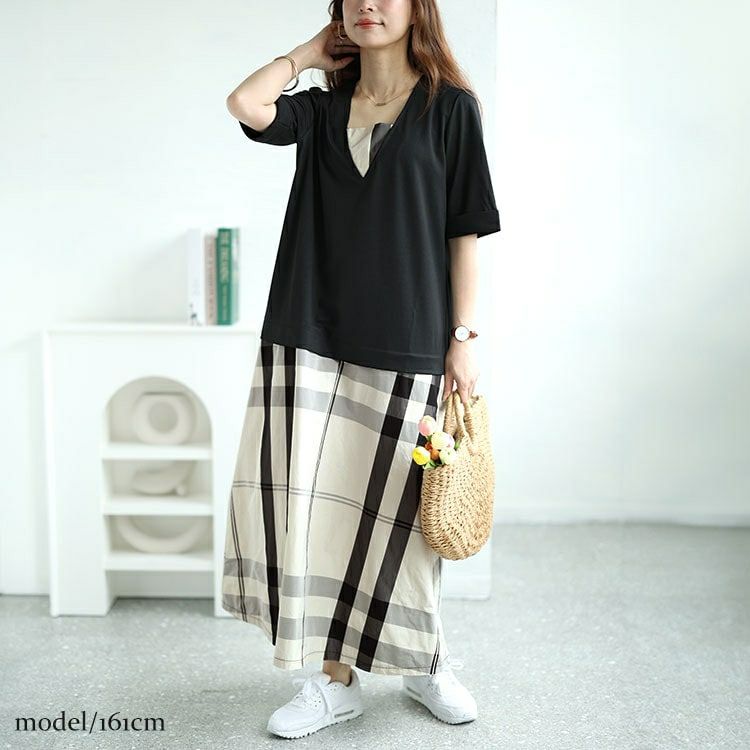 大きいサイズ レディース フェイクレイヤードタータンチェックワンピース　maru-30031