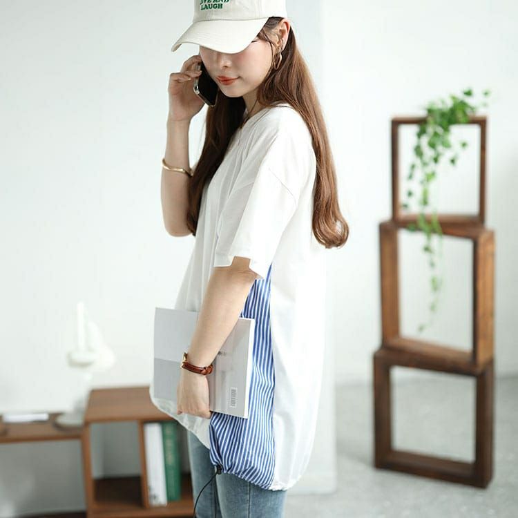 大きいサイズ レディース ストライプ切り替えドローコードプルオーバー　bai-0154 【メール便可】