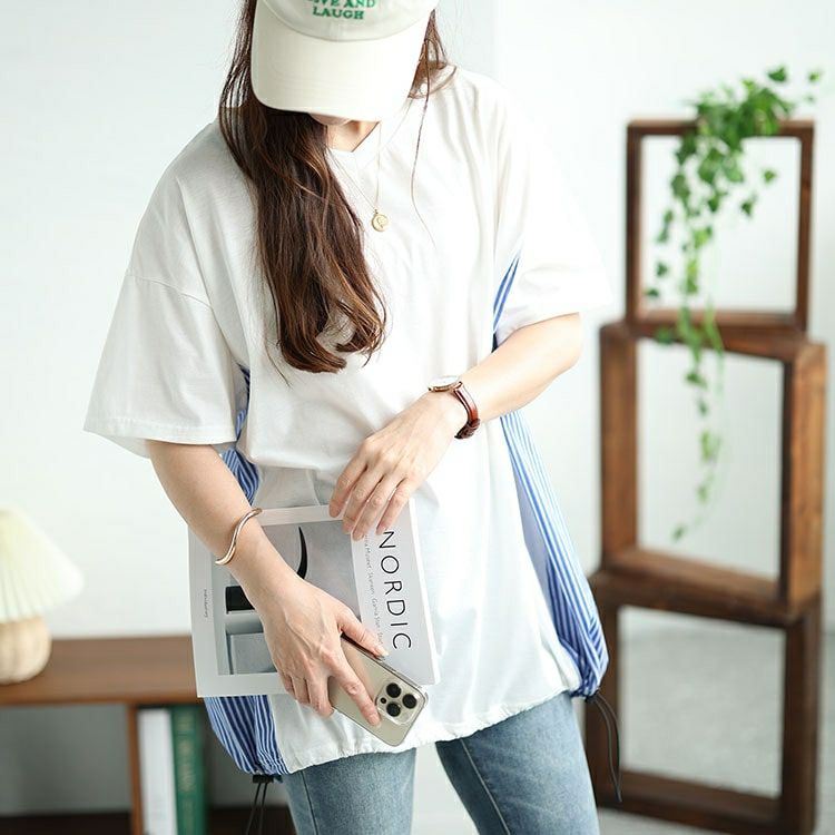 大きいサイズ レディース ストライプ切り替えドローコードプルオーバー　bai-0154 【メール便可】