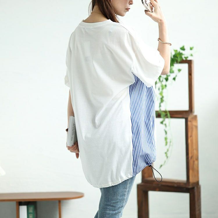 大きいサイズ レディース ストライプ切り替えドローコードプルオーバー　bai-0154 【メール便可】