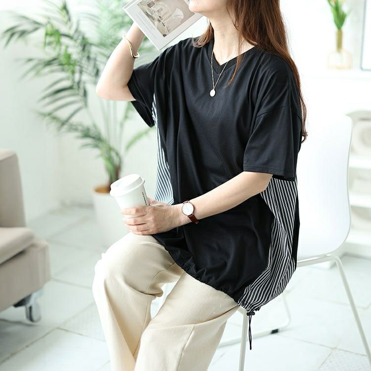 大きいサイズ レディース ストライプ切り替えドローコードプルオーバー　bai-0154 【メール便可】