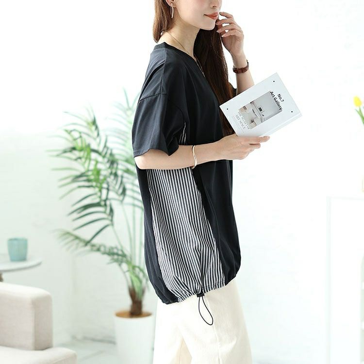 大きいサイズ レディース ストライプ切り替えドローコードプルオーバー　bai-0154 【メール便可】