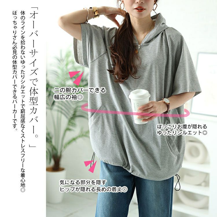 大きいサイズ レディース ハーフジップドロストワイドパーカー　bai-0150