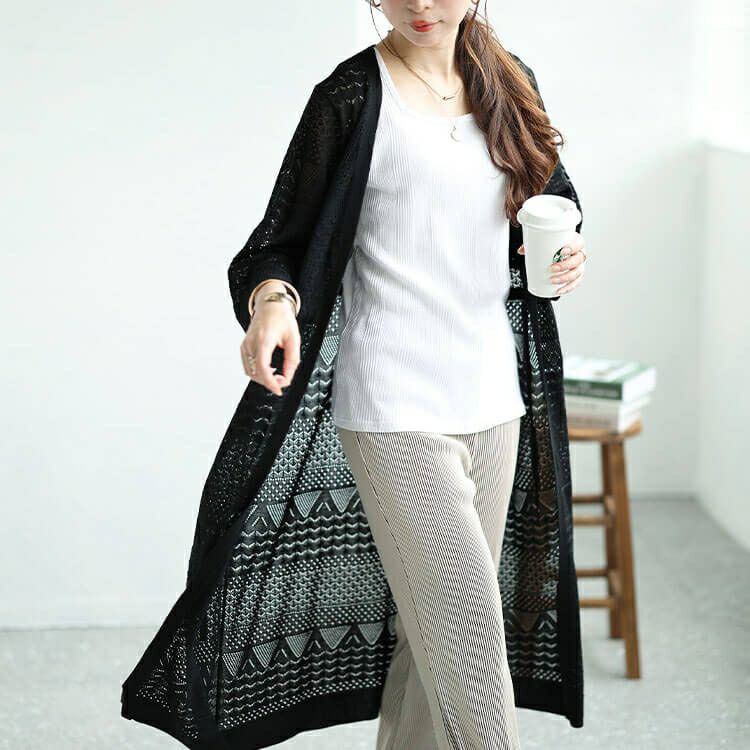 大きいサイズ レディース 透かし編みドロストロングカーディガン　cpdai-640413