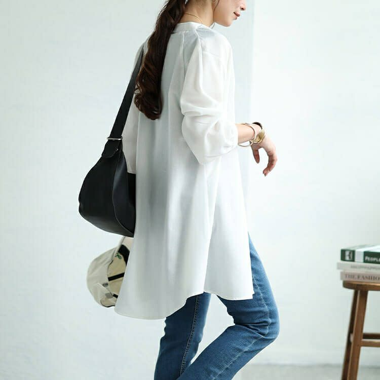 大きいサイズ レディース 接触冷感＆UVカットリネン混バンドカラーシャツチュニック　cpdai-640407 【メール便可】