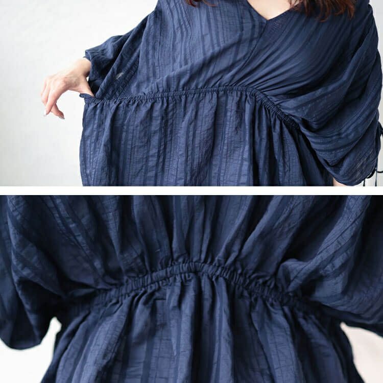 大きいサイズ レディース ストライプギャザーカフタンチュニック　and-y1904