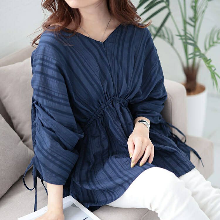 大きいサイズ レディース ストライプギャザーカフタンチュニック　and-y1904