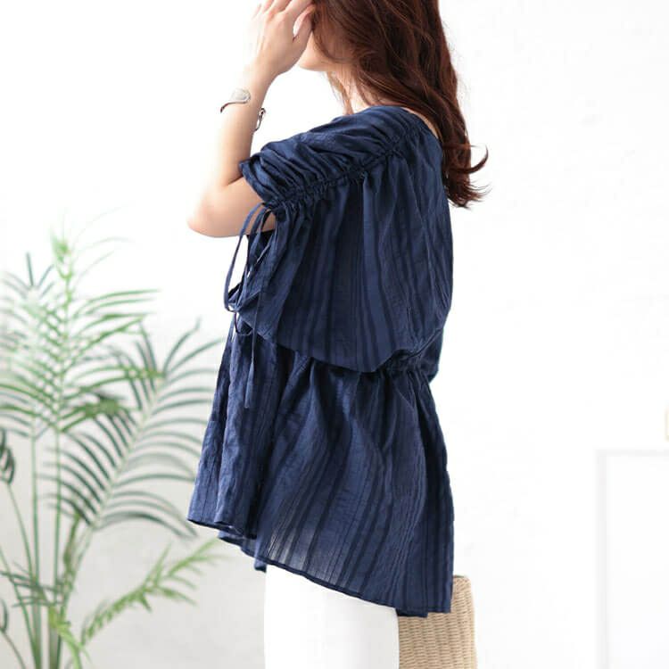 大きいサイズ レディース ストライプギャザーカフタンチュニック　and-y1904