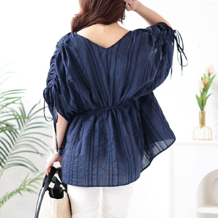 大きいサイズ レディース ストライプギャザーカフタンチュニック　and-y1904