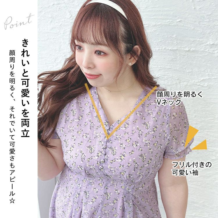 大きいサイズ レディース Vネック小花柄ワンピース　goldy-1502