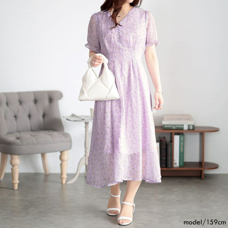 大きいサイズ レディース Vネック小花柄ワンピース　goldy-1502