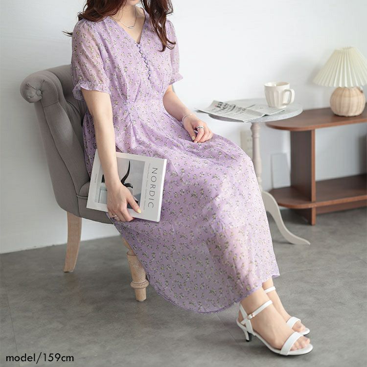 大きいサイズ レディース Vネック小花柄ワンピース　goldy-1502