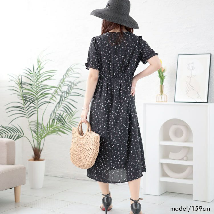 大きいサイズ レディース Vネック小花柄ワンピース　goldy-1502