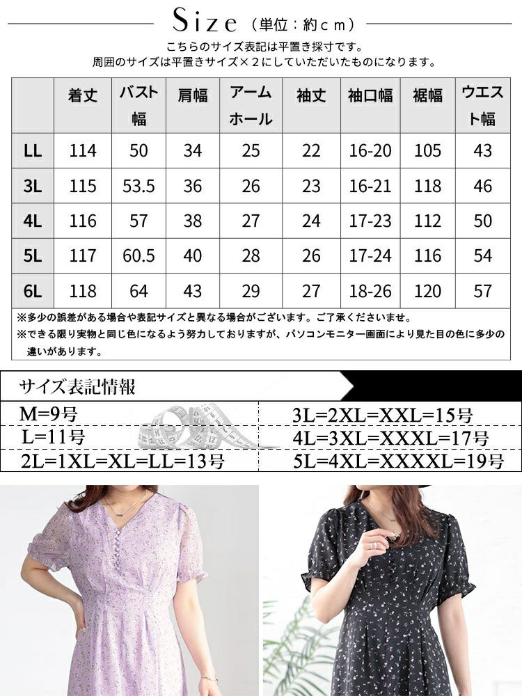 大きいサイズ レディース Vネック小花柄ワンピース　goldy-1502