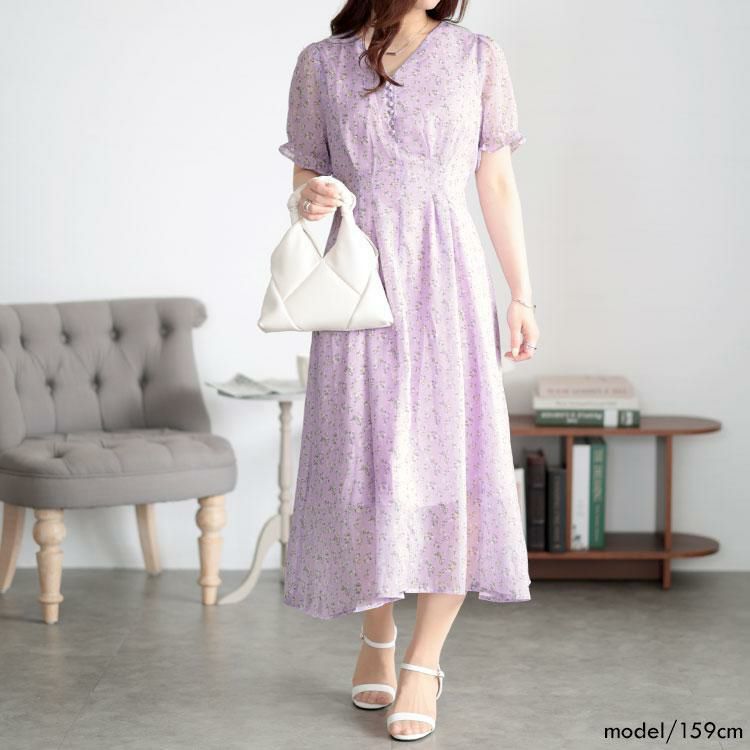 大きいサイズ レディース Vネック小花柄ワンピース　goldy-1502 パープル