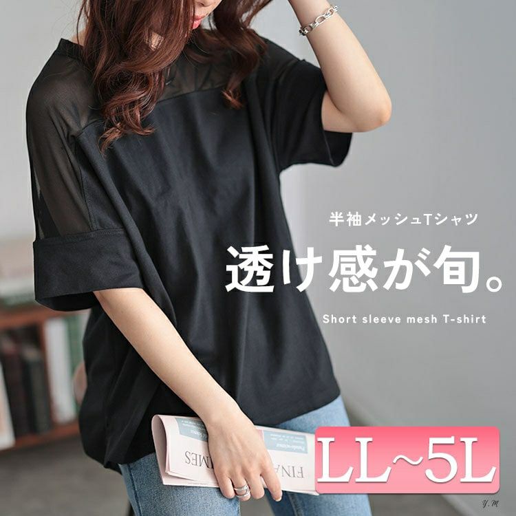大きいサイズ レディース シアー切り替えTシャツ　bro-0042 【メール便可】