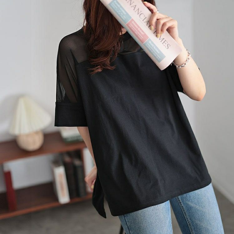 大きいサイズ レディース シアー切り替えTシャツ　bro-0042 【メール便可】