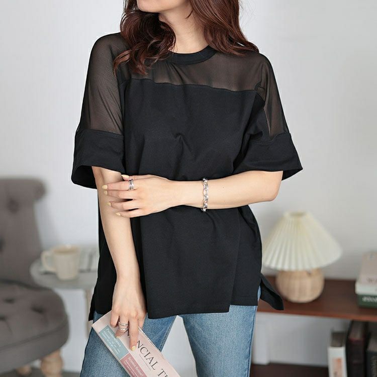 大きいサイズ レディース シアー切り替えTシャツ　bro-0042 【メール便可】