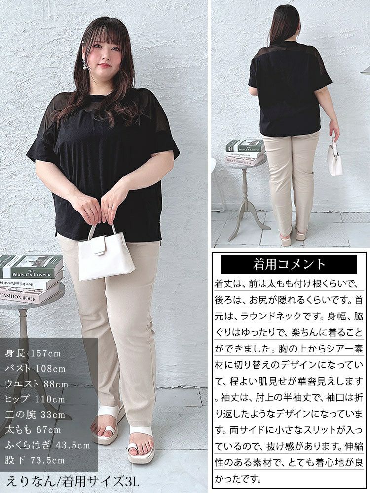 大きいサイズ レディース シアー切り替えTシャツ　bro-0042 【メール便可】