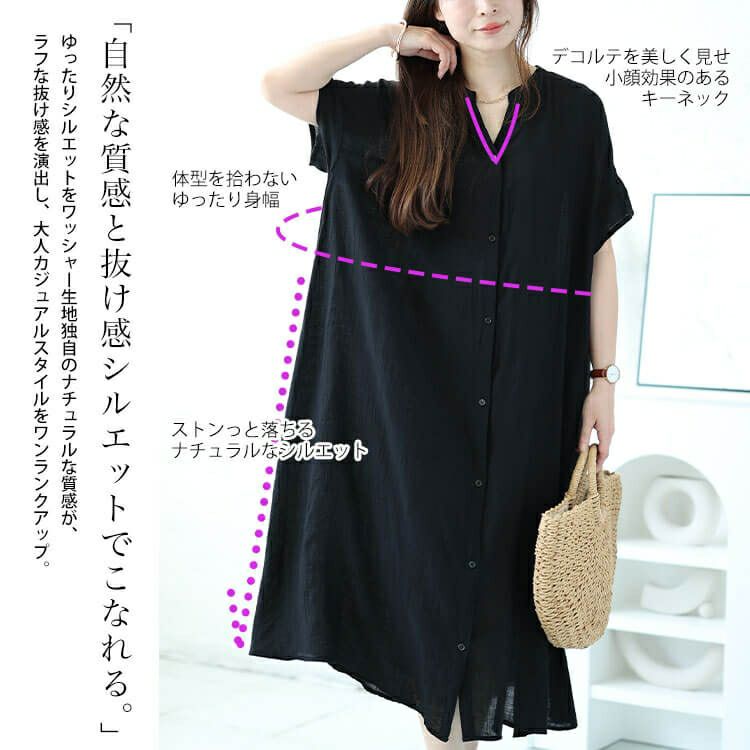 大きいサイズ レディース キーネックバックギャザーワッシャーワンピース　fem-482