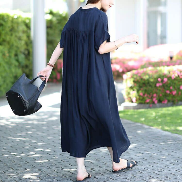 大きいサイズ レディース キーネックバックギャザーワッシャーワンピース　fem-482