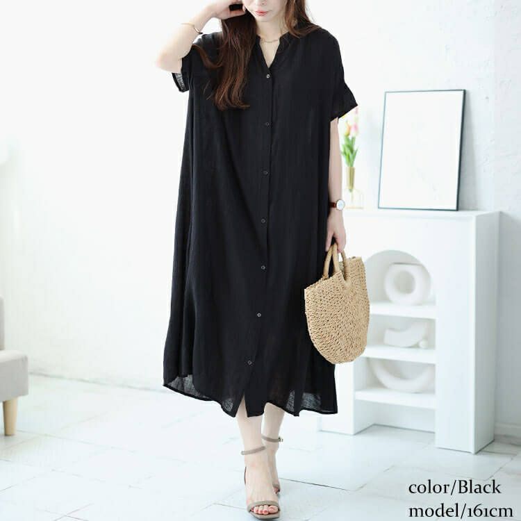 大きいサイズ レディース キーネックバックギャザーワッシャーワンピース　fem-482
