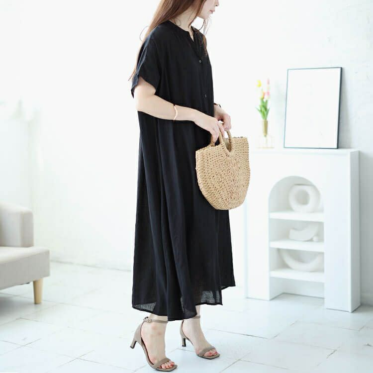 大きいサイズ レディース キーネックバックギャザーワッシャーワンピース　fem-482