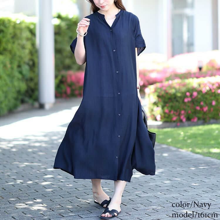 大きいサイズ レディース キーネックバックギャザーワッシャーワンピース　fem-482 ネイビー