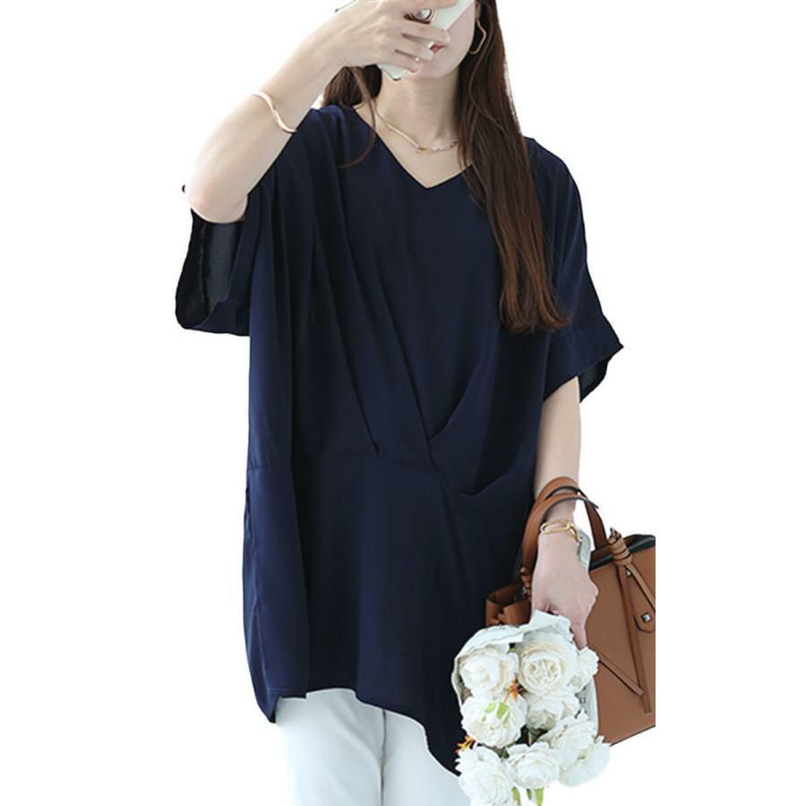 大きいサイズ レディース タック入りコクーンチュニック　fem-478 ネイビー