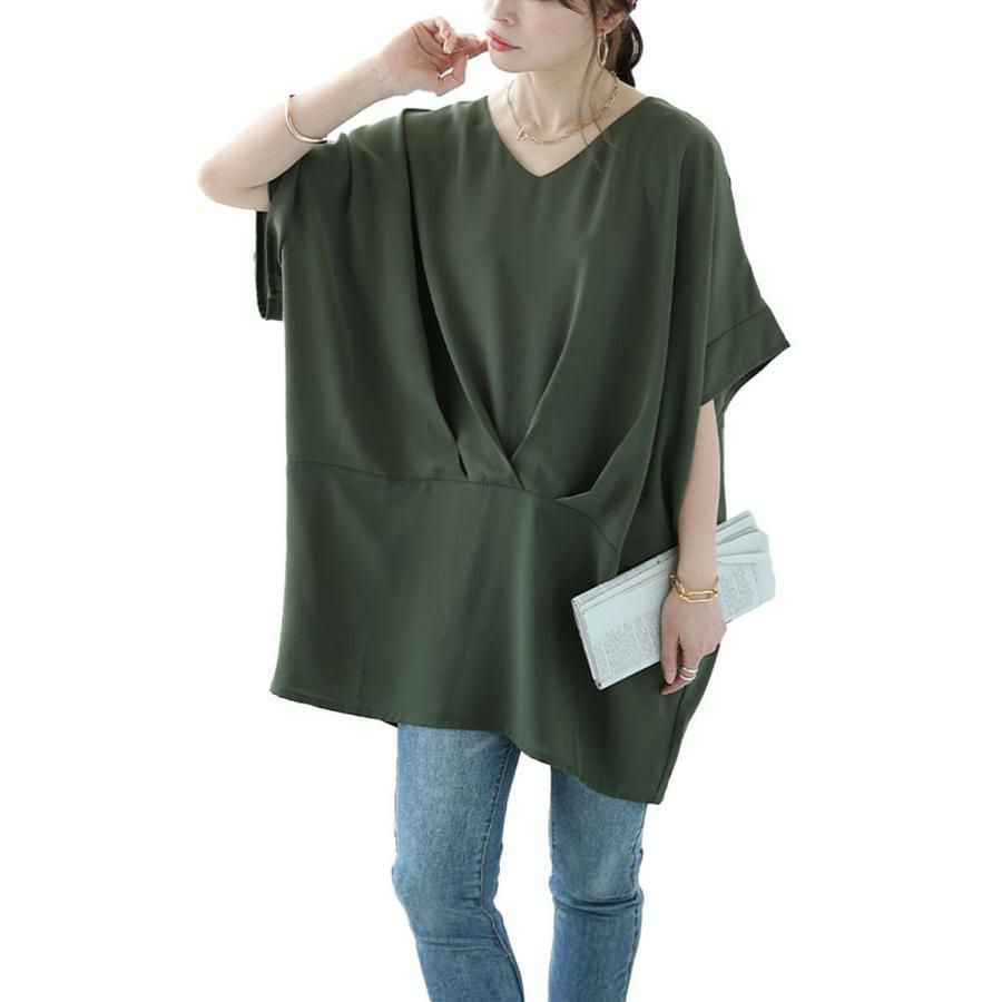 大きいサイズ レディース タック入りコクーンチュニック　fem-478 カーキ