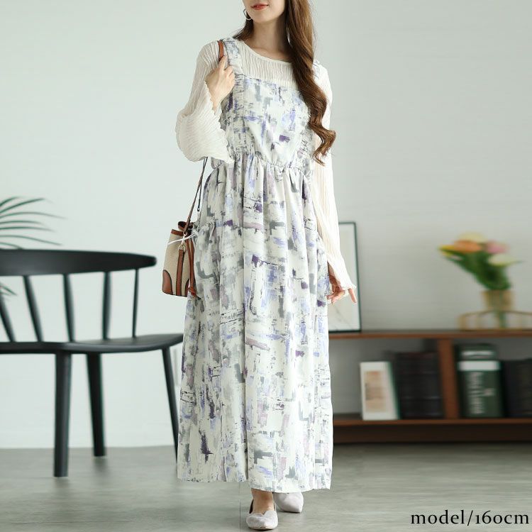 大きいサイズ レディース 水彩アート柄ドロストポケット肩ギャザージャンパースカート　fem-461
