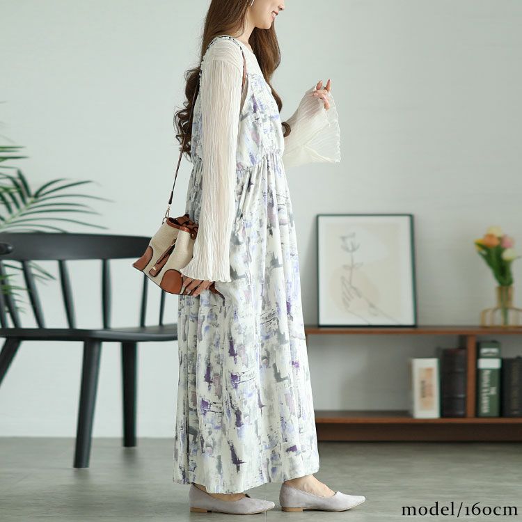 大きいサイズ レディース 水彩アート柄ドロストポケット肩ギャザージャンパースカート　fem-461