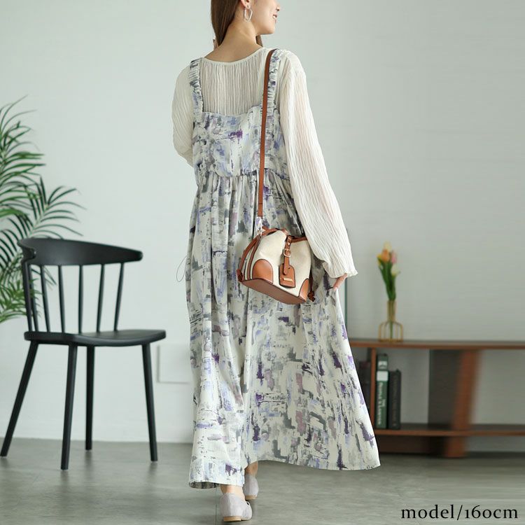 大きいサイズ レディース 水彩アート柄ドロストポケット肩ギャザージャンパースカート　fem-461