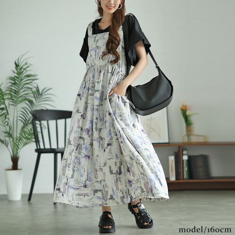 大きいサイズ レディース 水彩アート柄ドロストポケット肩ギャザージャンパースカート　fem-461