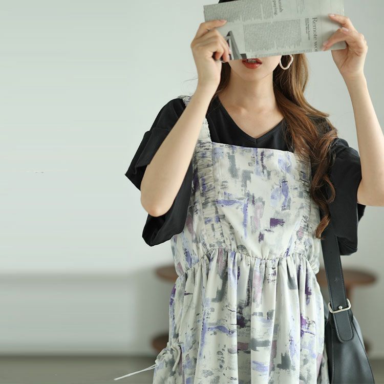 大きいサイズ レディース 水彩アート柄ドロストポケット肩ギャザージャンパースカート　fem-461