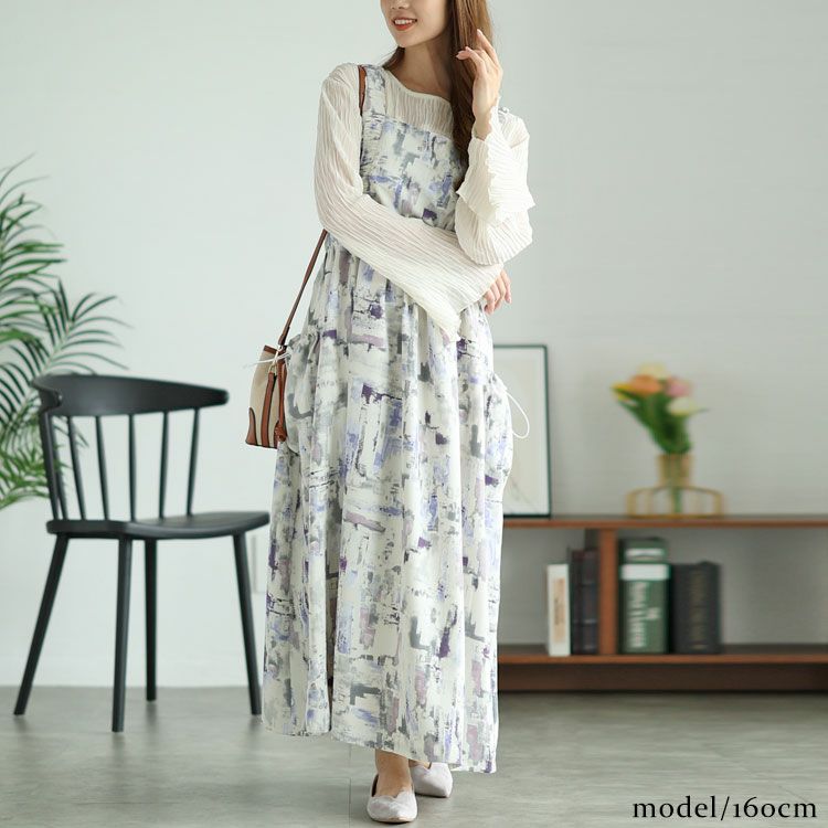 大きいサイズ レディース 水彩アート柄ドロストポケット肩ギャザージャンパースカート　fem-461