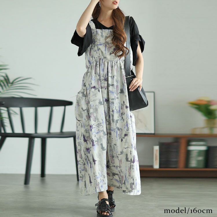 大きいサイズ レディース 水彩アート柄ドロストポケット肩ギャザージャンパースカート　fem-461