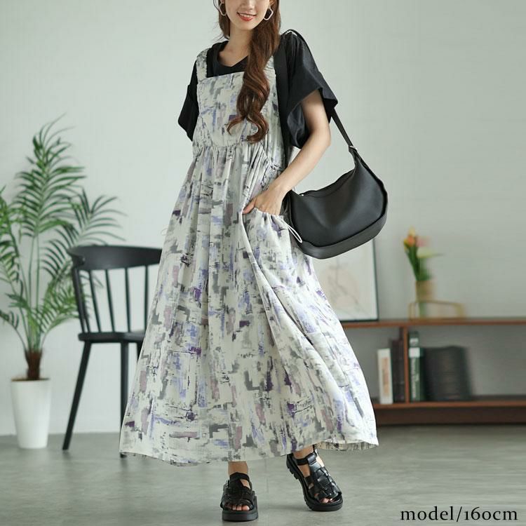 大きいサイズ レディース 水彩アート柄ドロストポケット肩ギャザージャンパースカート　fem-461 パープル