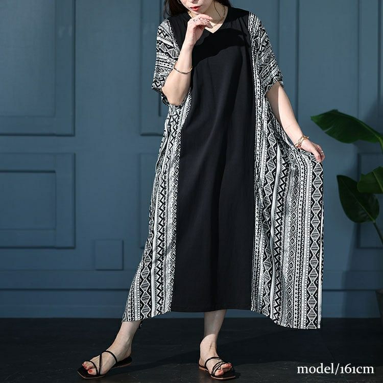 大きいサイズ レディース 接触冷感エスニック柄切り替えワンピース　kt-7824610