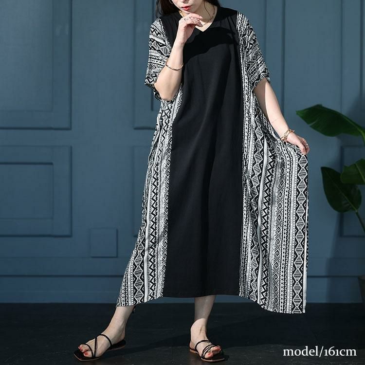 大きいサイズ レディース 接触冷感エスニック柄切り替えワンピース　kt-7824610 ブラック
