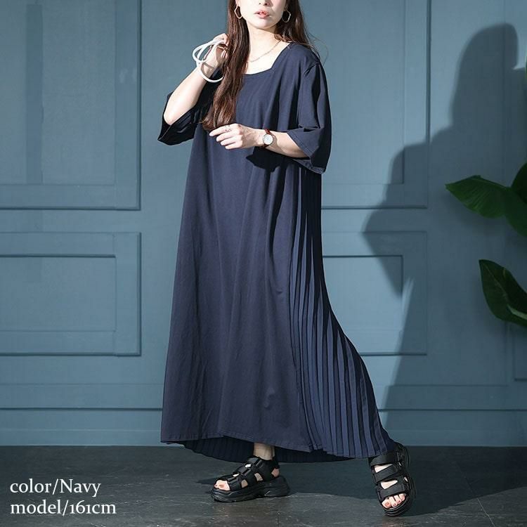 大きいサイズ レディース 接触冷感バックプリーツワンピース　kt-7824580 ネイビー