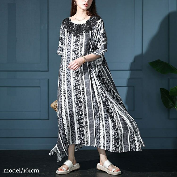 大きいサイズ レディース 胸元レースエスニック柄ドルマンワンピース　kt-7824590