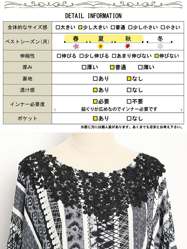 大きいサイズ レディース 胸元レースエスニック柄ドルマンワンピース　kt-7824590