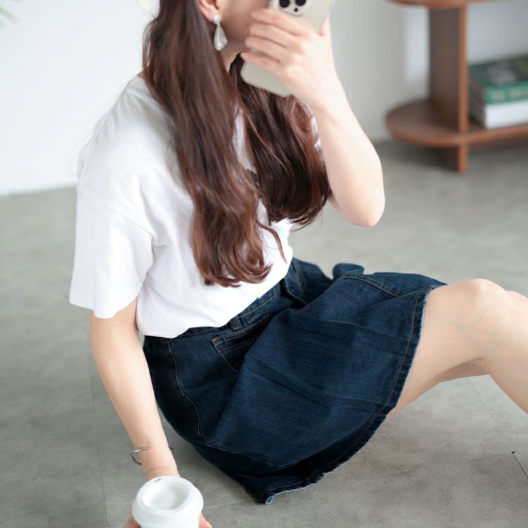 大きいサイズ レディース パンツ裏地付きプリーツデニムミニスカート　goldy-1510