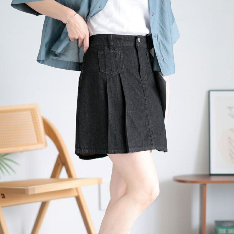 大きいサイズ レディース パンツ裏地付きプリーツデニムミニスカート　goldy-1510