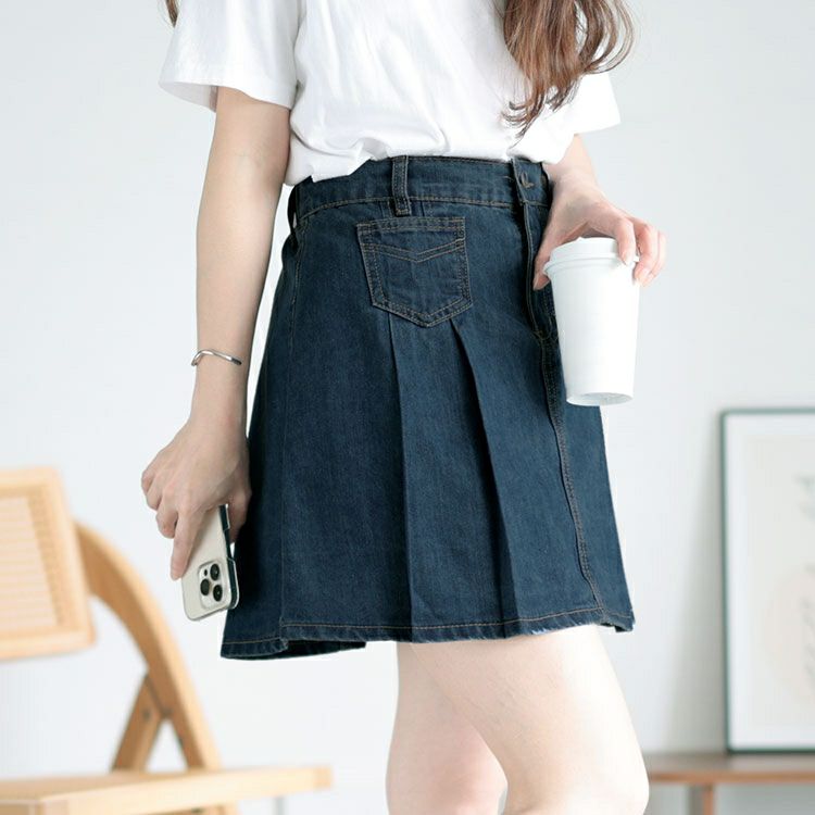 大きいサイズ レディース パンツ裏地付きプリーツデニムミニスカート　goldy-1510