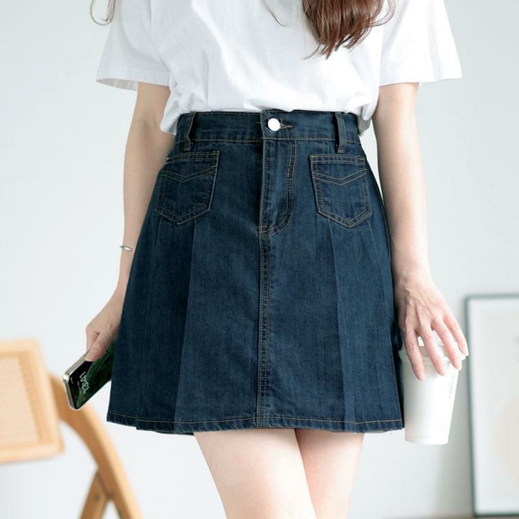 大きいサイズ レディース パンツ裏地付きプリーツデニムミニスカート　goldy-1510 ブルー