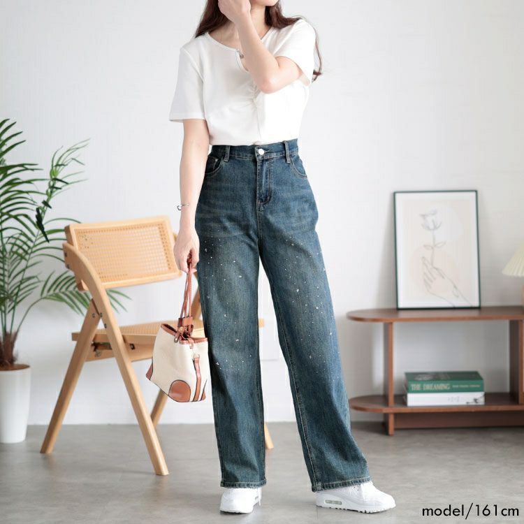 大きいサイズ レディース スタッズ付きストレートデニムパンツ　goldy-1509