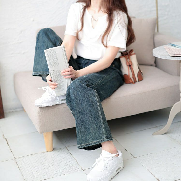 大きいサイズ レディース スタッズ付きストレートデニムパンツ　goldy-1509